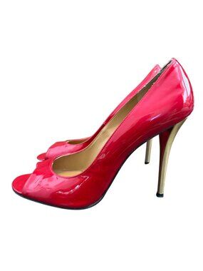 Stuart Weitzman Womens Red Patent Leather Peep-Toe Pumps Size 10M 4.5-Inch Gold